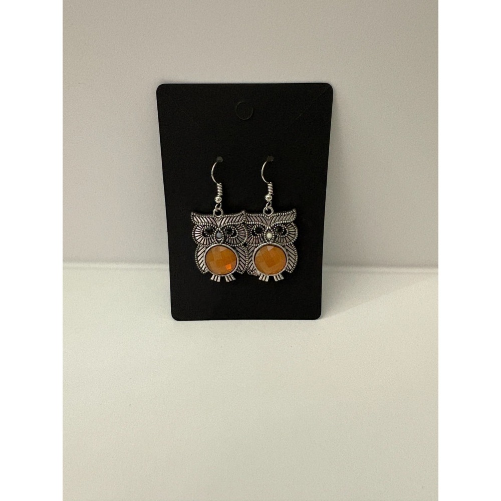 BOHO Style Owl Shaped, Orange Resin Stone Pierced Earrings